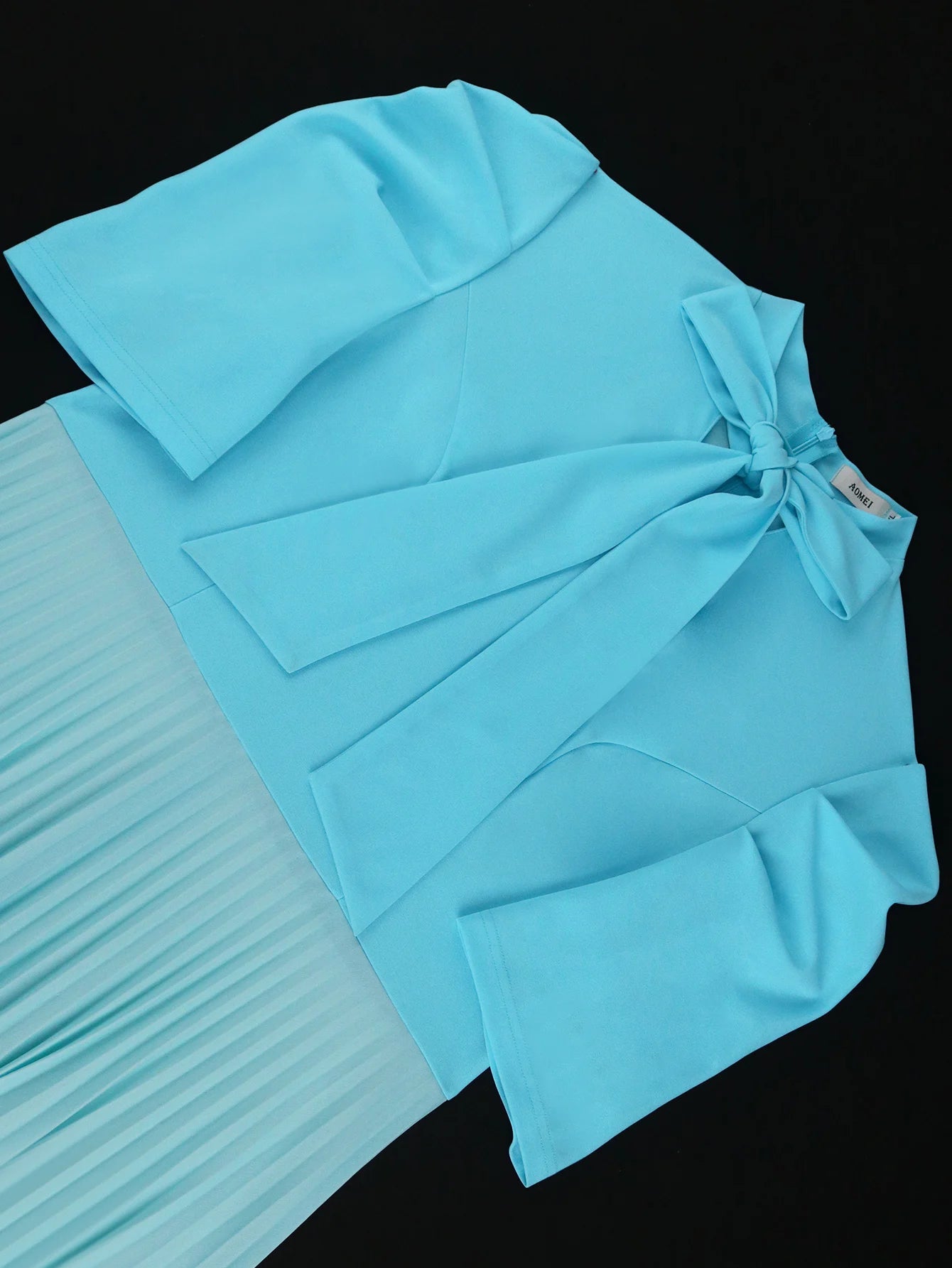 Blue A Line Pleated Dresses Color Block Women Mock Neck Bowtie Short Sleeve High Waist Elegant Cocktail Evening Party Gowns