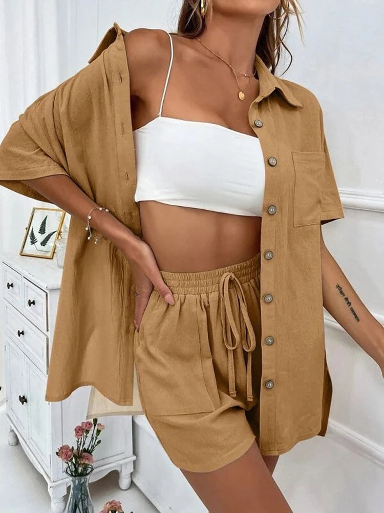 NHKDSASA 2023 Summer Shorts Home Suit Fashion Cotton Pajamas Set Women's Casual Two-piece Set Elegant Button Shirt Short Set