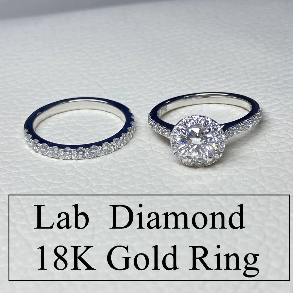 Ring Set 18K Solid White Gold Main Stone Round Brilliant Cut 1ct F VS Lab Grown Diamond Wedding Engagement Rings