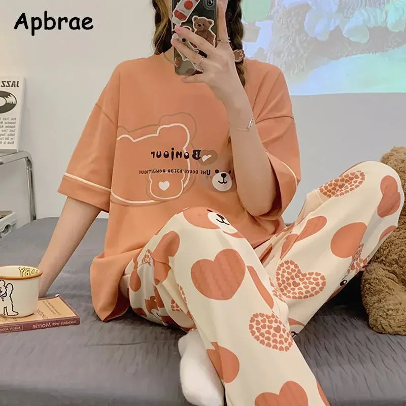 New Pajama Cartoon Cotton Pajamas for Women Summer Short Sleeved Long Pants Sleepwear Korean Fashion Rabbit Print Home Clothing