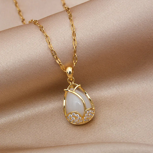 stainless steel chain gold Color Moonlight Cat's Eye Fashion Copper Pendants Necklaces  For Women Fine Jewelry gift