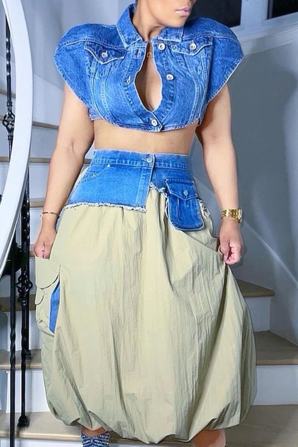 Plus Size Daily Green Shirt Collar Waistcoat Contrast Pocket Denim Two Piece Skirt Sets