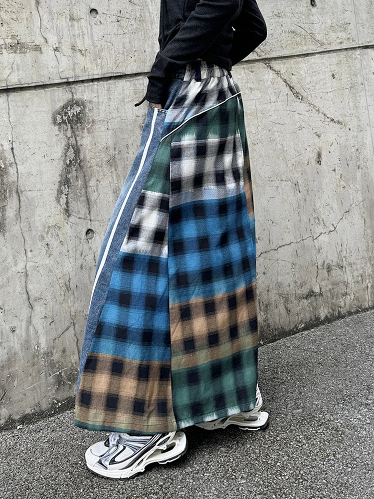 [EAM] High Elastic Waist Blue Back Plaid Denim Long A-line Half-body Skirt Women Fashion Tide New Spring Autumn 2024 1DH8117