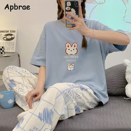 New Pajama Cartoon Cotton Pajamas for Women Summer Short Sleeved Long Pants Sleepwear Korean Fashion Rabbit Print Home Clothing