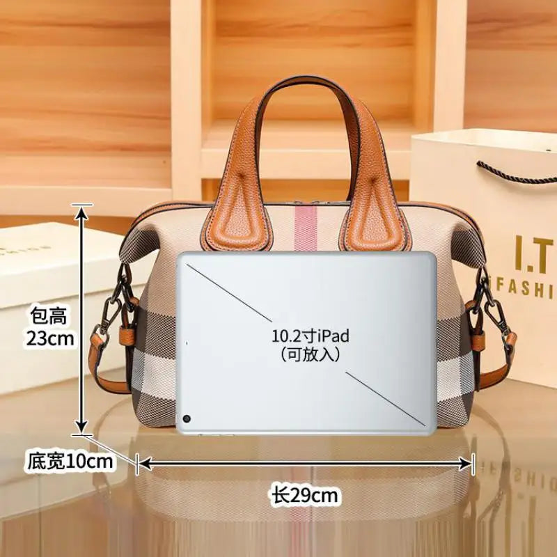 Lady Boston Handbags 2024 Luxury Fashion Plaid Canvas Women Messenger Shoulder Bags Brand Designer Portable Crossbody Bag Purses