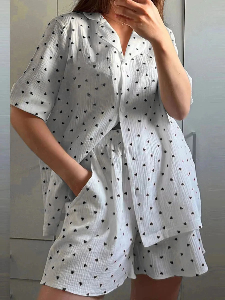 Women Summer Pajama Set Lapel Neck Button Down Short Sleeve Tops + Elastic Waist Shorts Heart Print Loose 2 Piece Lounge Outfit