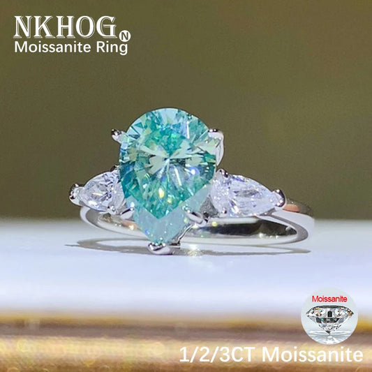 NKHOG 3CT Green Moissanite Ring Water Drop S925 Silver Plated 18K Pear Cut Women Wedding Band Party Rings Gifts Fine Jewelry GRA