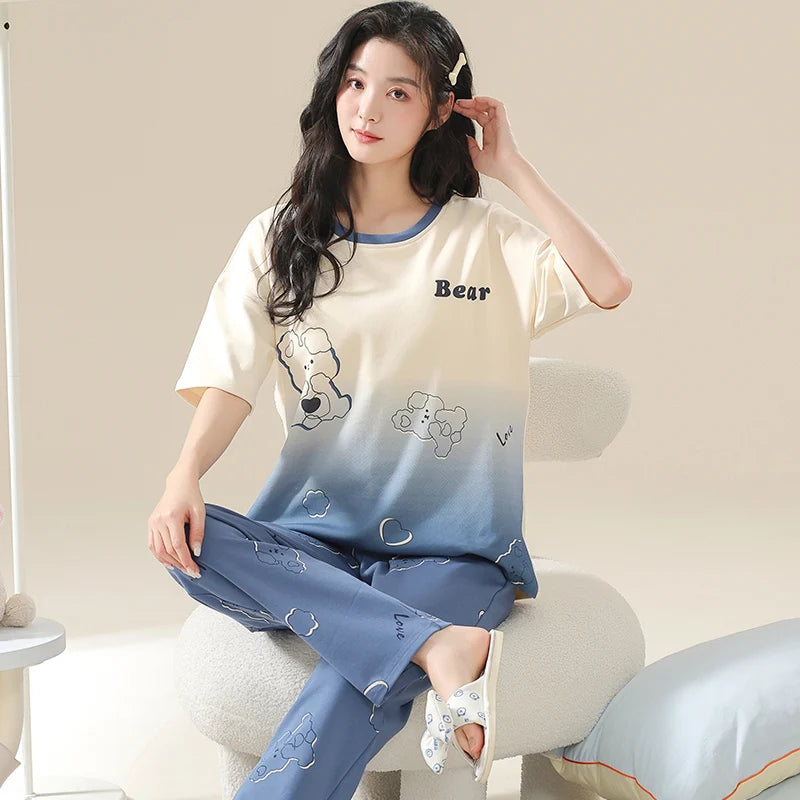 Cute Duck Print Pajamas for Women Cotton Women Pajama Sets Short Sleeves Long Pants Cartoon Pijamas Korean Girl Sleepwear