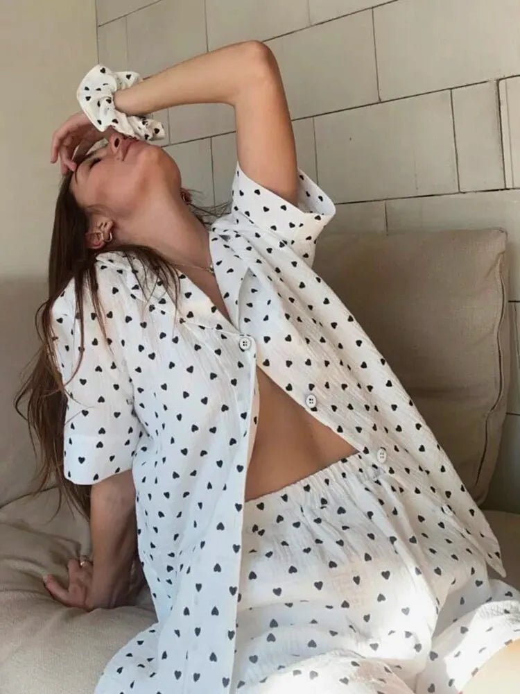 Women Summer Pajama Set Lapel Neck Button Down Short Sleeve Tops + Elastic Waist Shorts Heart Print Loose 2 Piece Lounge Outfit