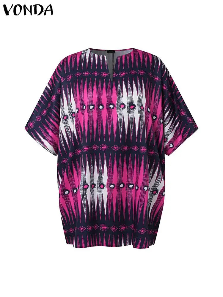 Plus Size Printed Blouse 2024 VONDA Elegant Women Shirts Fashion Half Sleeve V Neck Tops Bohemian Summer Tops Blusas Oversized