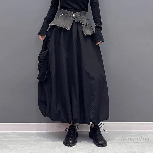 European and American Dark Style Denim Stitching Skirt Women 2024 Summer Autumn New Loose Slimming Casual All-Match Bud Skirts