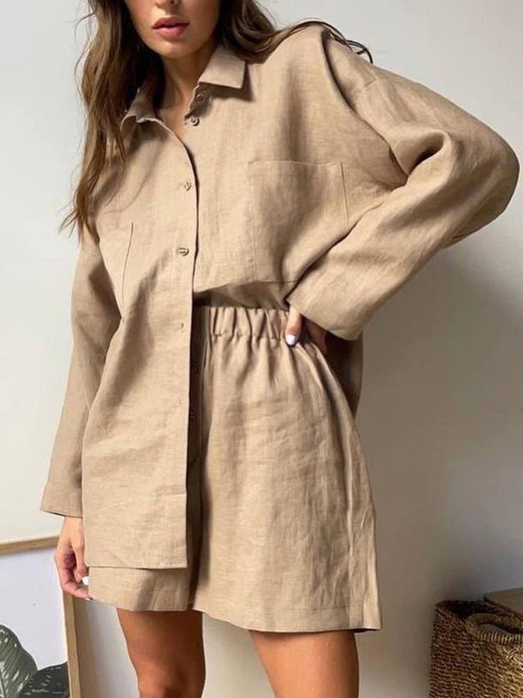 Home Wear Casual Women Two Pieces Sets Autumn Solid Long Sleeve Shirts + Elastic Waist Shorts Suits Loose Cotton Linen Outfits