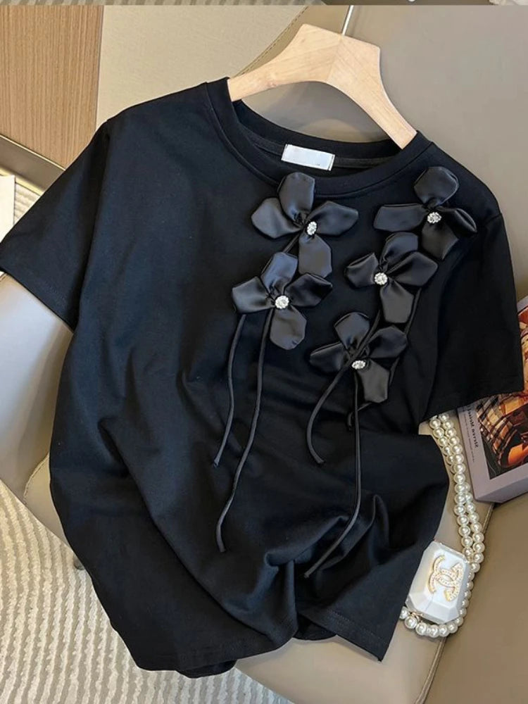 Summer Korean Commuter Large Size Loose T-Shirt High Quality Nail Drill 3D Flower Ribbon Top Women's 2024 New Sweet Slim Tees