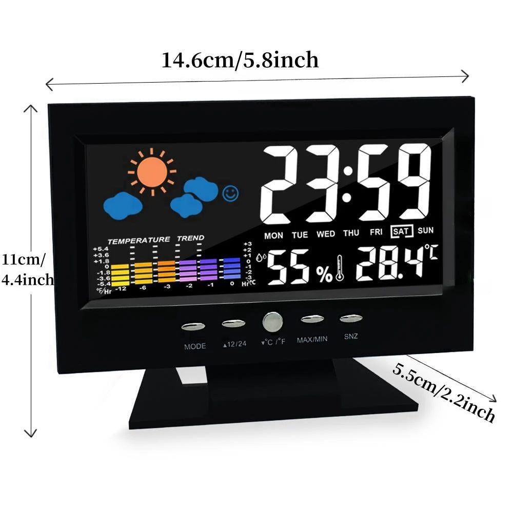 Voice Control Backlight Digital Weather Clock Date Week Temperature Humidity Weather Forecast 12/24H Electronic Clock