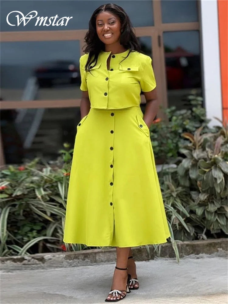 Wmstar Two Piece Set Women Skirts Sets Pockets  Summer Holiday Button New Matching Suit Office Lady Wholesale Dropshipping 2024