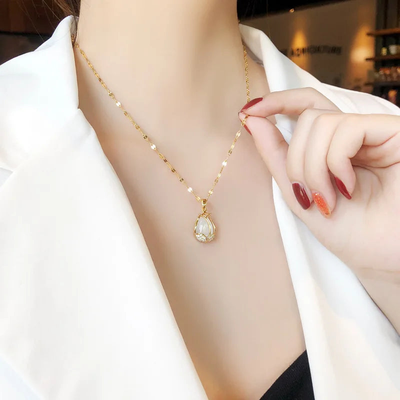 stainless steel chain gold Color Moonlight Cat's Eye Fashion Copper Pendants Necklaces  For Women Fine Jewelry gift