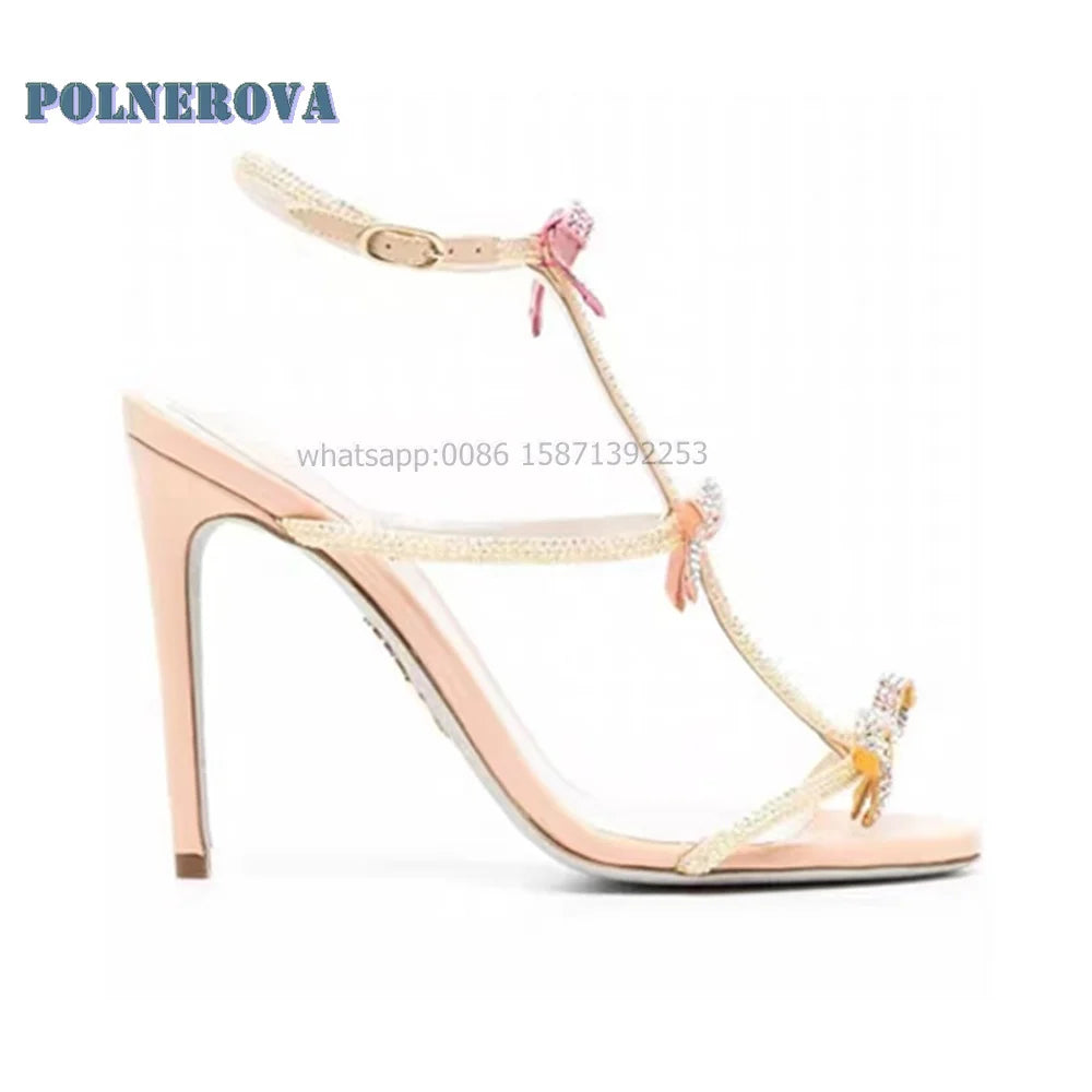 Bowknot Rhinestone T-Tied Sexy Sandals Open Toe Stiletto One Word Buckle Shallow Women Heels Slingback Spicy Girl Party Shoes