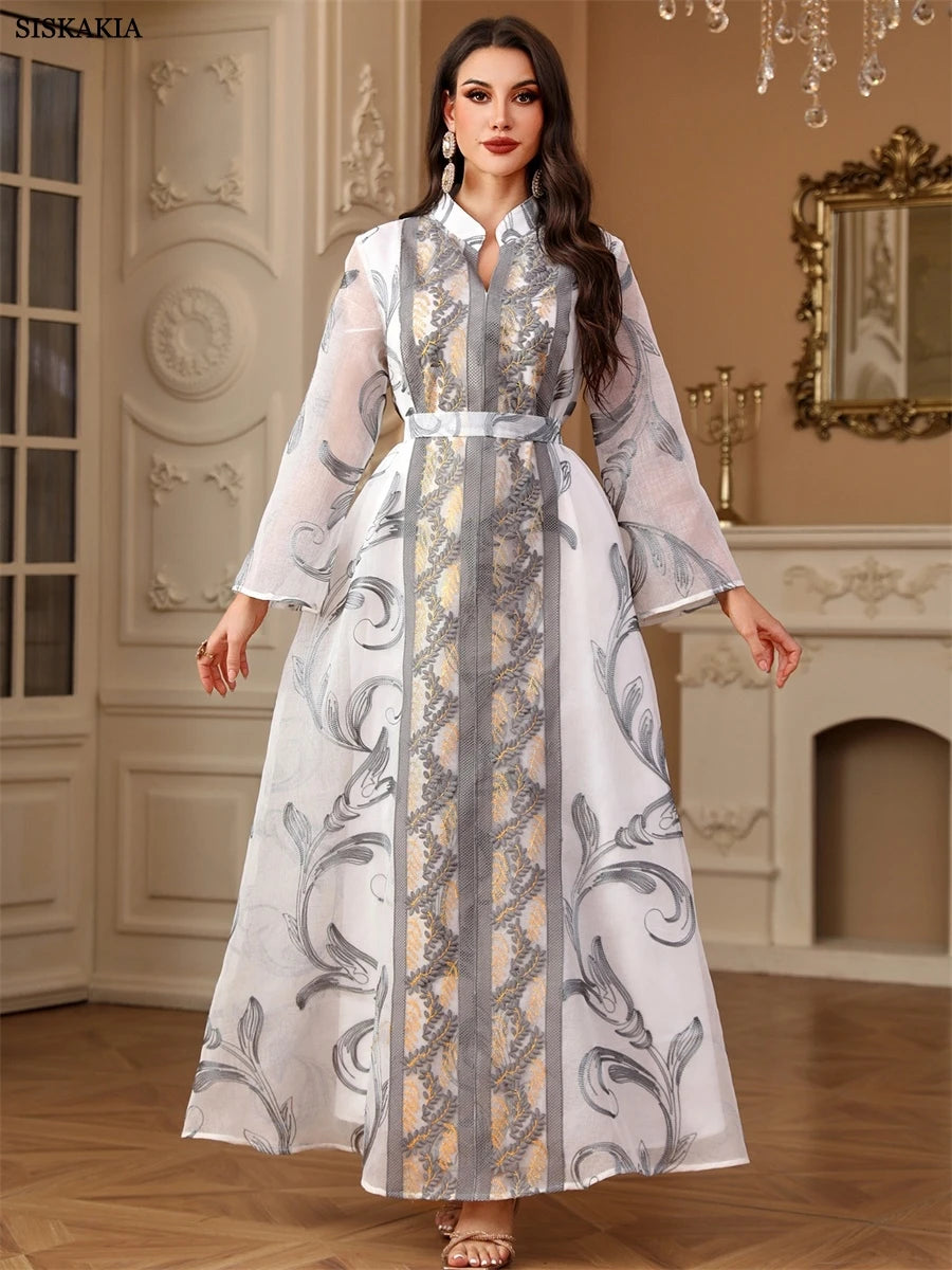 Siskakia Ramadan Muslim Elegant Floral Print Embroidery Maxi Dress Belt included Dubai Embroidered Belted Kaftan