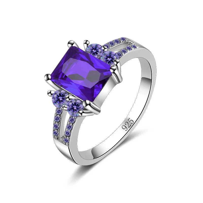 Luxury Silver Color Wedding Engagement Cocktail Purple 5A Zircon Finger Ring Designed for Women with S925 Ring Jewelry