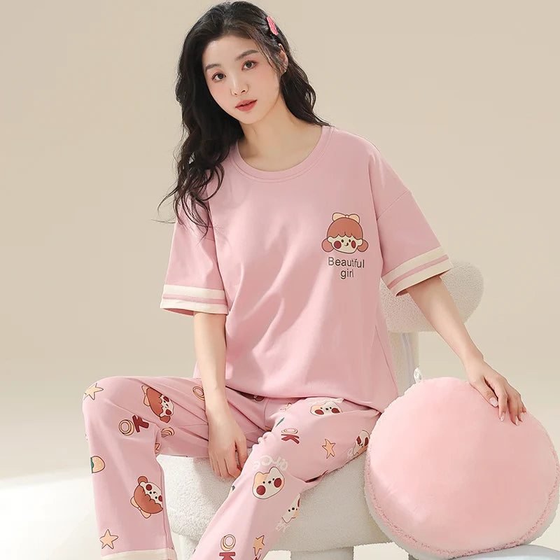 Cute Duck Print Pajamas for Women Cotton Women Pajama Sets Short Sleeves Long Pants Cartoon Pijamas Korean Girl Sleepwear