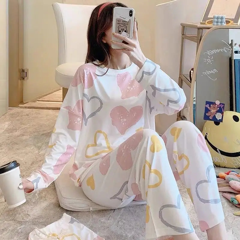 New Spring Homewear Long Sleeve Pajamas Set Cute Leisure Women Sleepwear 2Pcs Nightwear Women Long Loose Waist Pant Home Suit