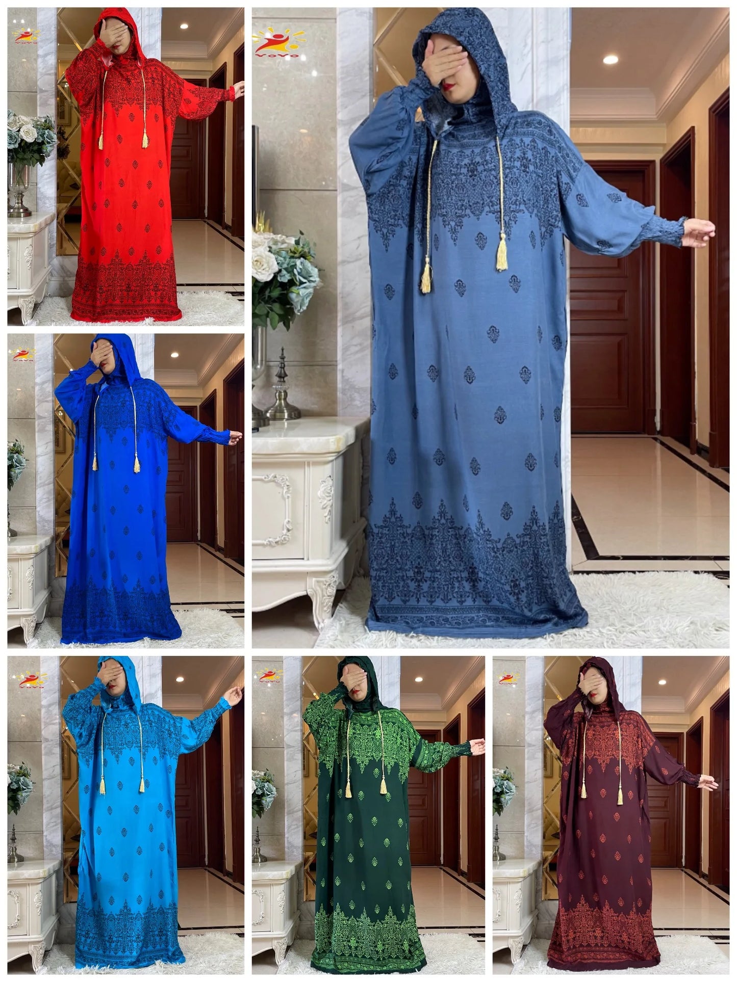 Newest Muslim Hijab Long Sleeve Women Eid Hooded Two Hats Cotton Loose Dress Dubai Islamic Maxi Arab Robe African Abaya Clothing