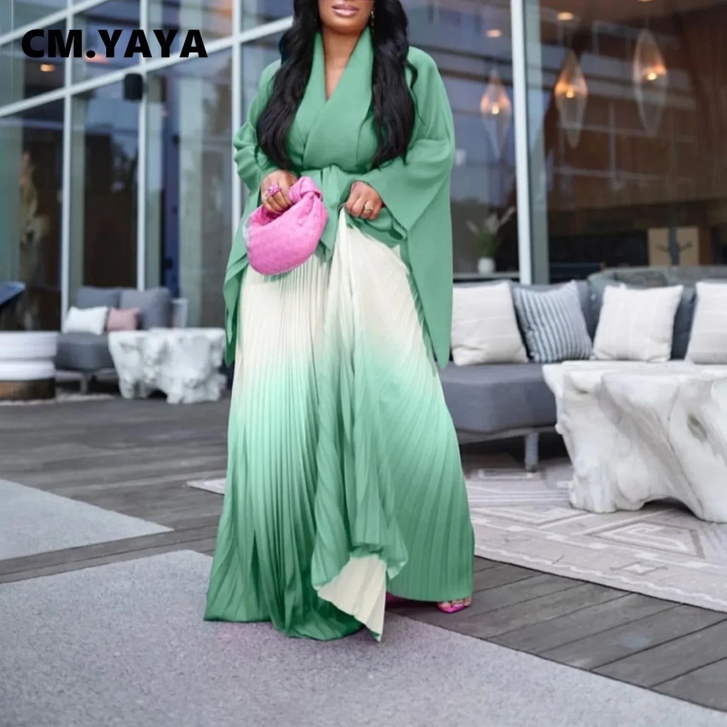 CM.YAYA Gradient Women's Set Full Sleeve Belt Blouse Shirt and Pleated Long Skirts Suit Street Two 2 Piece Set Outfit Tracksuit