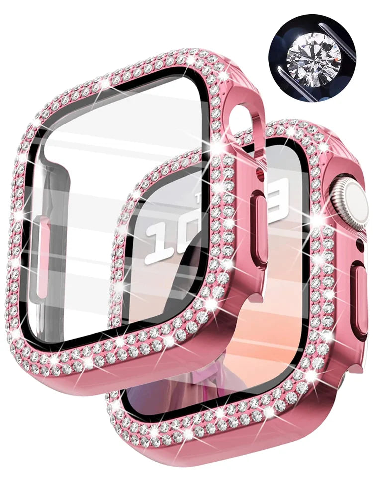 Bling Diamond Cover For Apple watch Case 45mm 41mm 44mm 40mm Tempered Glass+Bumper Screen Protector iWatch series 9 8 7 6 5 4 SE