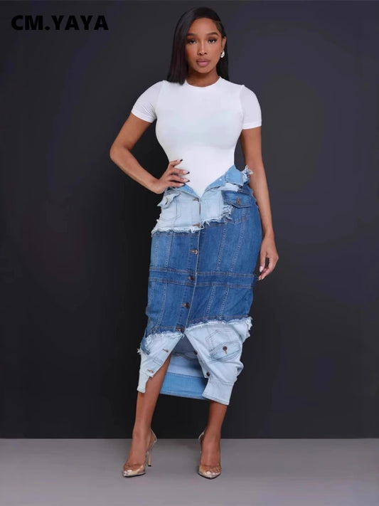 CM.YAYA Women Fashion Button Pencil Maxi Long Denim Patchwork Skirts 2024 Fall Street High Waist Skinny OL Bodycon Jean Skirts