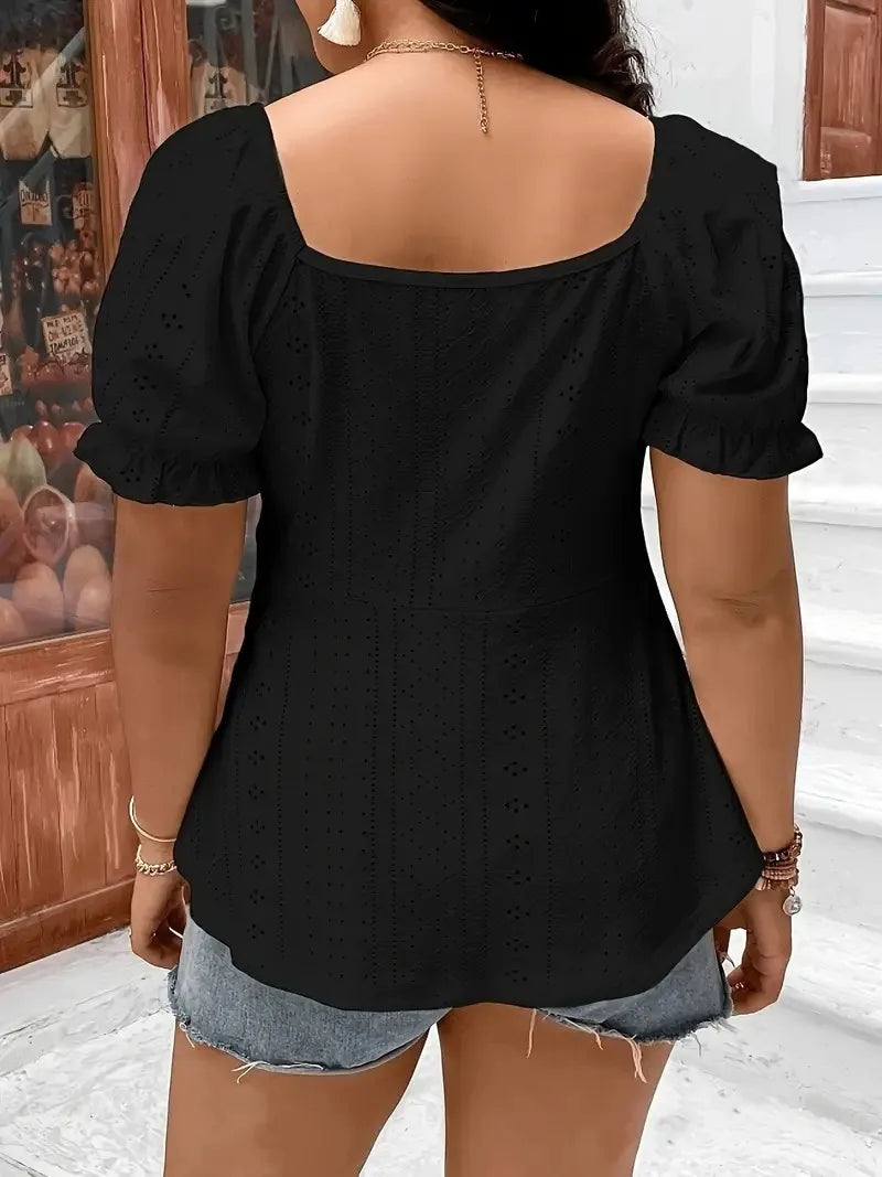 GIBSIE Plus Size Black Sweetheart Neck Knot Front Blouse Women Fashion Boho Casual Short Puff Sleeve Ladies Summer Tops 2024