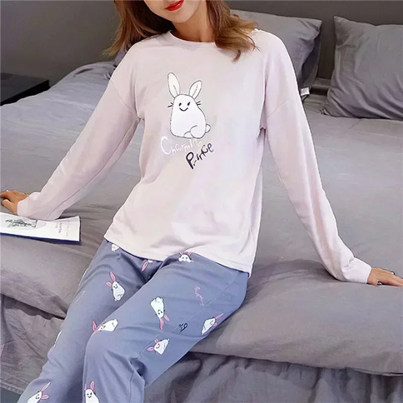 Cartoon Cotton Pajamas Women's Spring and Autumn Models Long-sleeved Home Service Women's Simple Loose Casual Suit Large Size