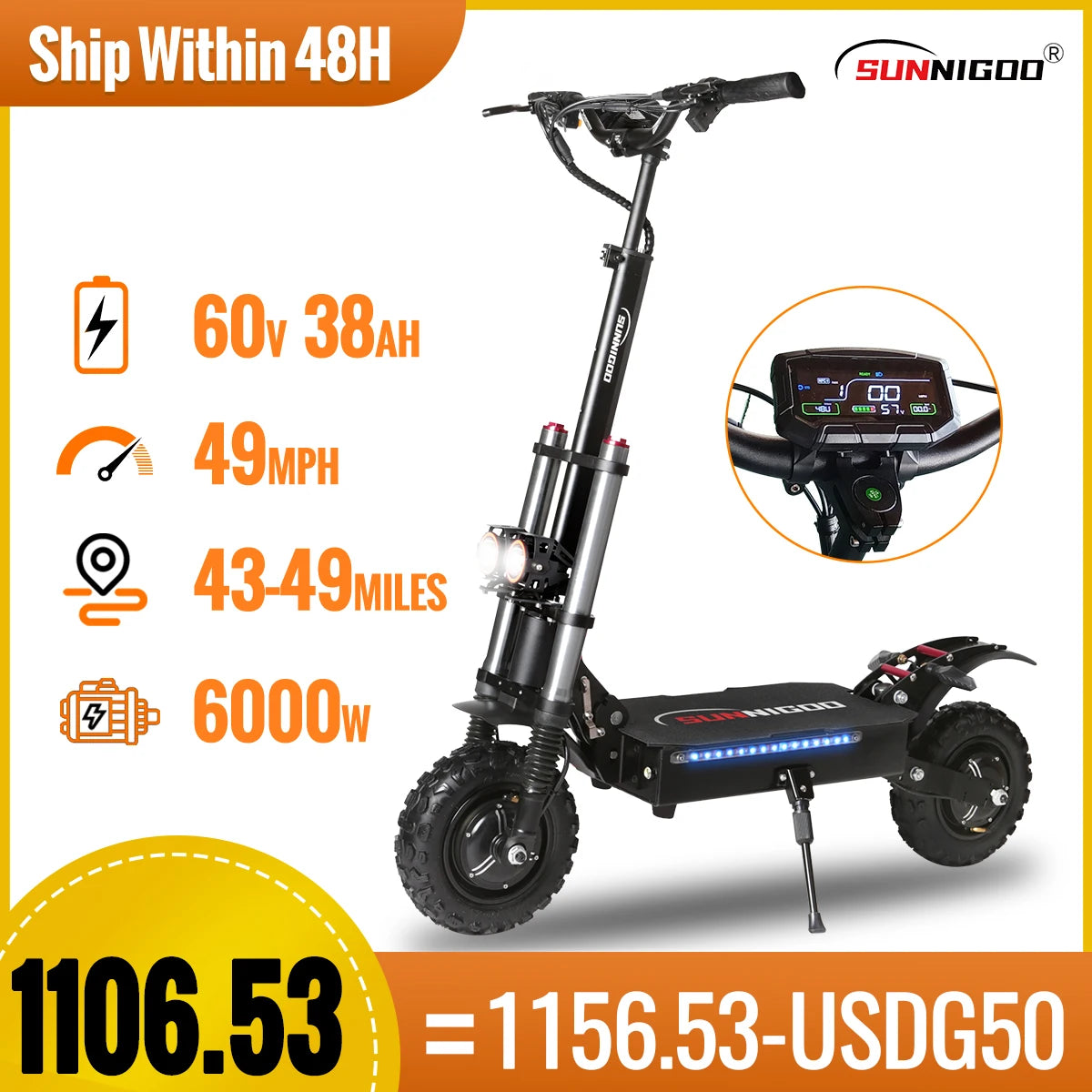 Off-Road Electric Scooter Dual Hub 6000w Escooter Foldable Electric Scooters 60V 38Ah Dual Motor 49MPH 43-49Miles Long Range