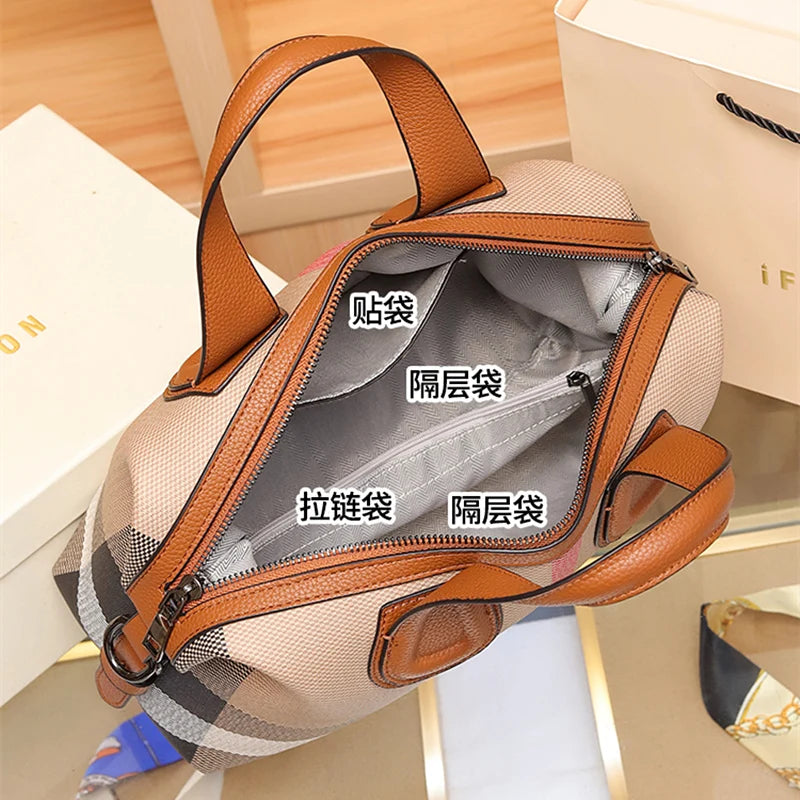 Lady Boston Handbags 2024 Luxury Fashion Plaid Canvas Women Messenger Shoulder Bags Brand Designer Portable Crossbody Bag Purses