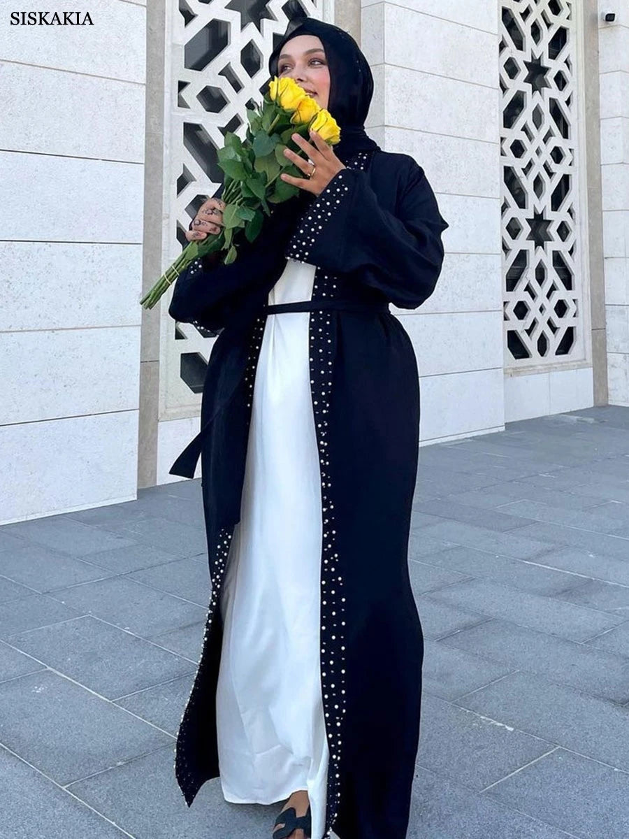 Siskakia Ramadan Dubai Elegant Casual Open Abaya With Sashes Muslim Women's Beading Moroccan Women Clothes