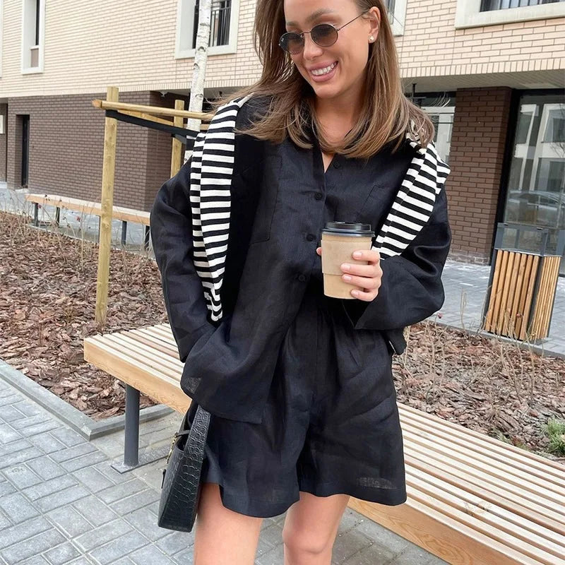 Home Wear Casual Women Two Pieces Sets Autumn Solid Long Sleeve Shirts + Elastic Waist Shorts Suits Loose Cotton Linen Outfits