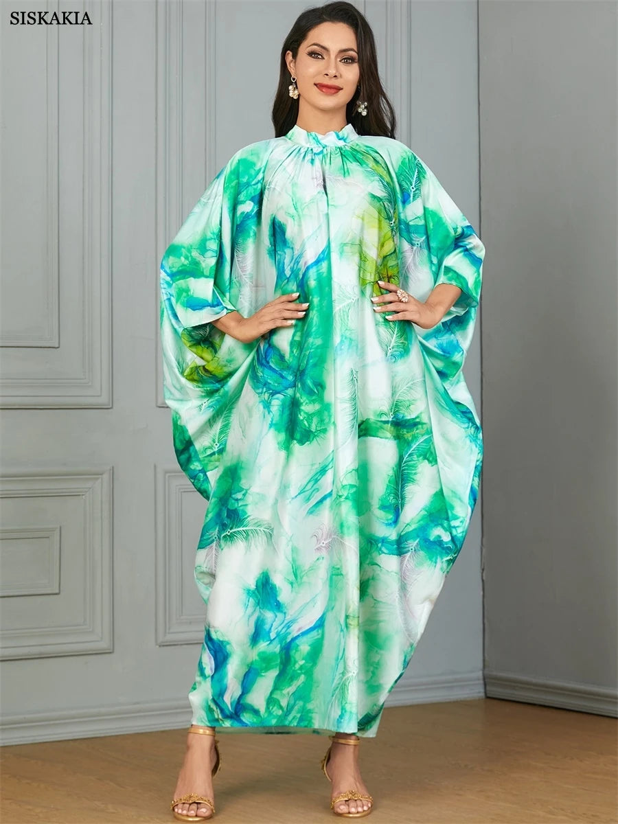 Siskakia Ramadan Muslim Floral Print Abaya Batwing Sleeve Maxi Dress Dubai Marocain Tie collar Elegant Casual Kaftan