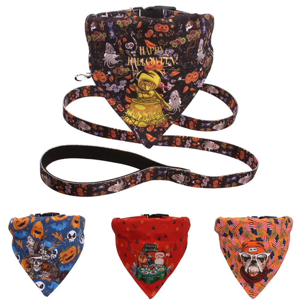 Fashion Pet Dog Collar and Leash Sets for Small Dogs Pomeranian French Bulldog Puppy Collars with Bandans Pets Outdoor Suplies