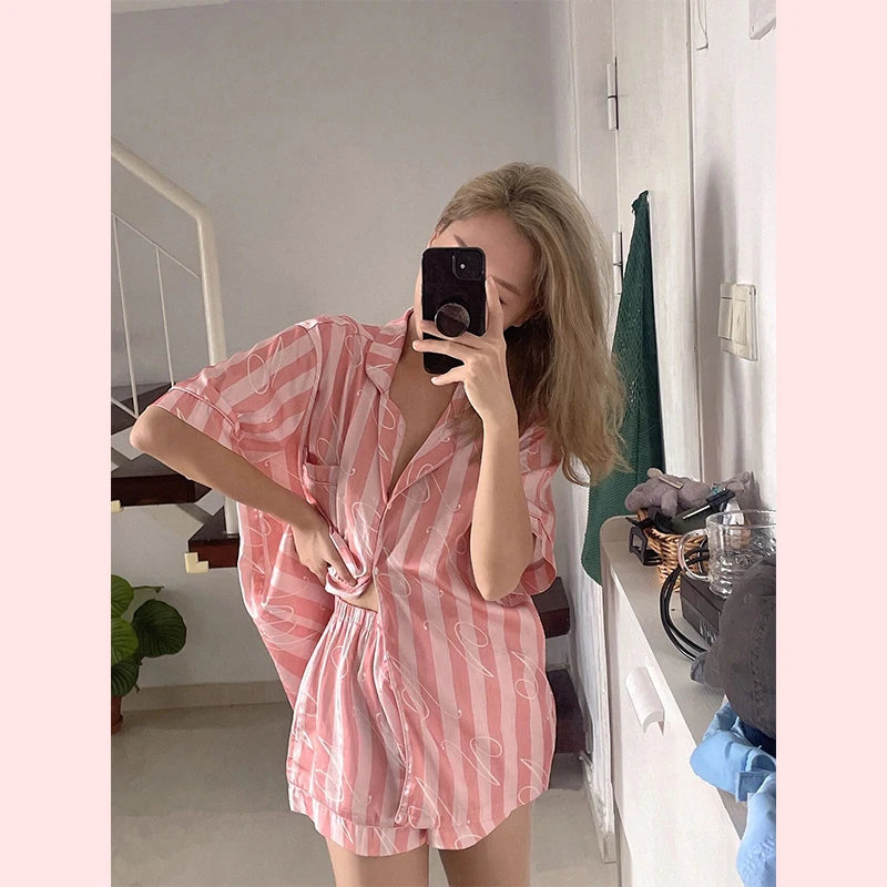 Summer Pink Stripes Women Pajamas Set Soft Button Rayon Pyjamas Sleepwear Nightwear Short Sleeve Shirt&Pant Silk Stain HomeWear