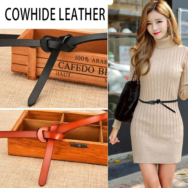 Luxury Women Knotted Thin Belts Cow Genuine Leather Fashion Design Strap Female Quality Waist belt For Skirt