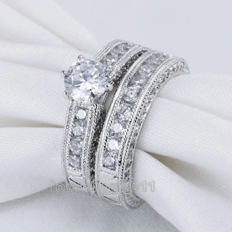 14K White Gold Vintage Lab Diamond Promise Ring Set Engagement Wedding Rings for Women Men Party Jewelry Gift