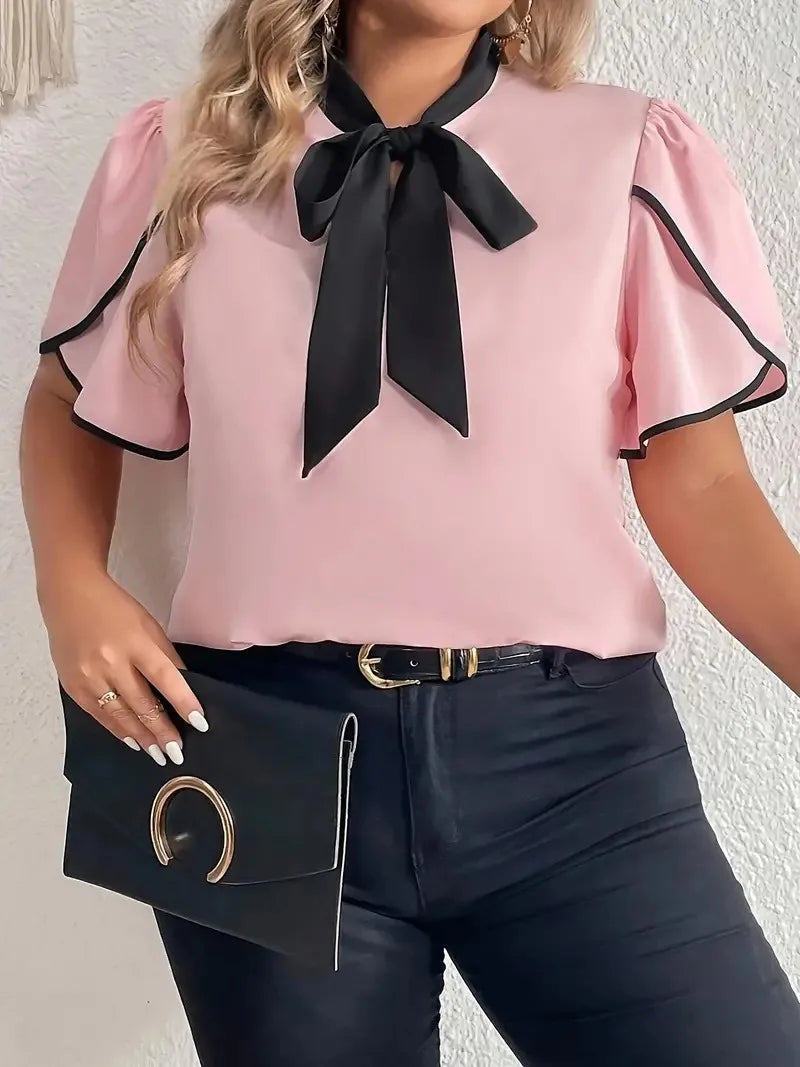 GIBSIE Plus Size Contrast Bow Tie Neck Women Shirts Blouses 2024 Summer Short Sleeve Elegant Tops Female Casual Solid Blouse