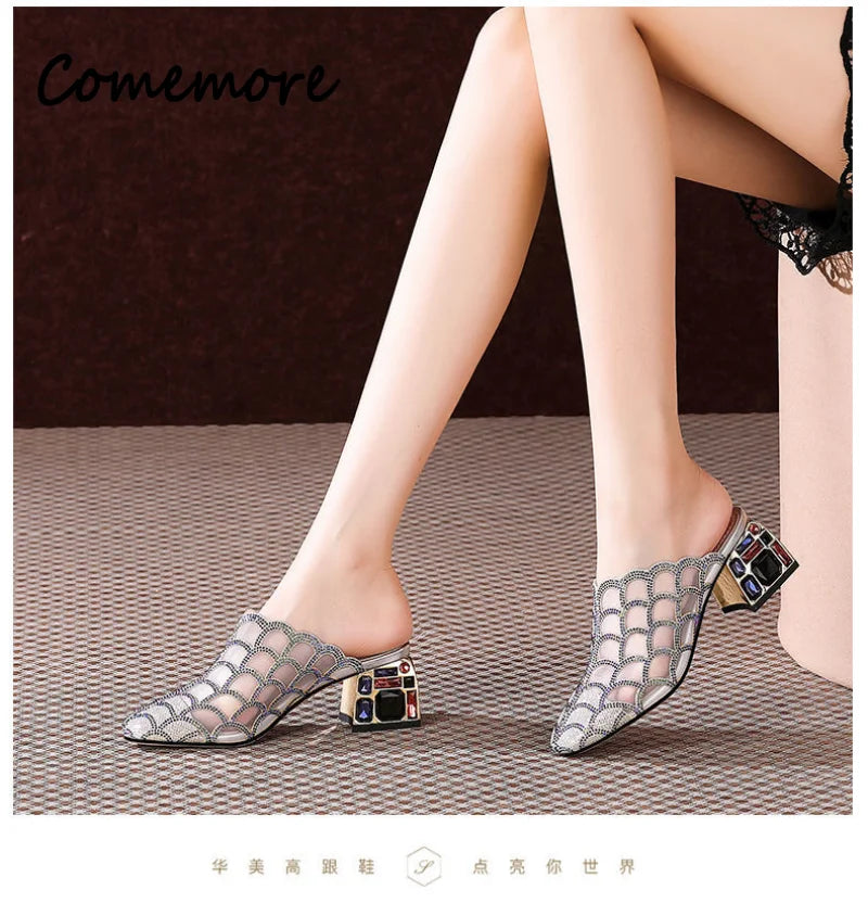 Comemore Rhinestone Half Slippers Women's Thick Heel New Summer Fashion Outwear High Heel Mesh Women Mules elegant sandals