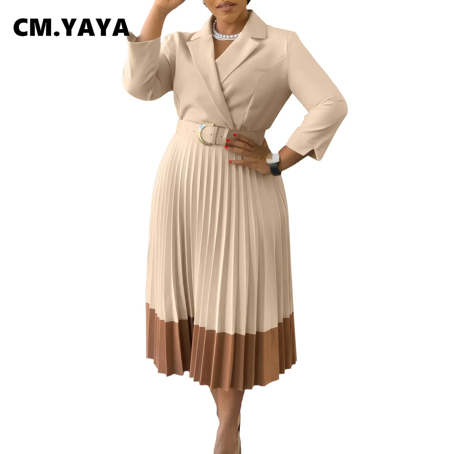 CM.YAYA Fashion Full Sleeve Notched Neck Solid High Waist Belt Dress Women Autumn Office Lady Pleated Long Africa Midi Dresses