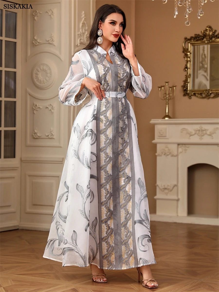 Siskakia Ramadan Muslim Elegant Floral Print Embroidery Maxi Dress Belt included Dubai Embroidered Belted Kaftan