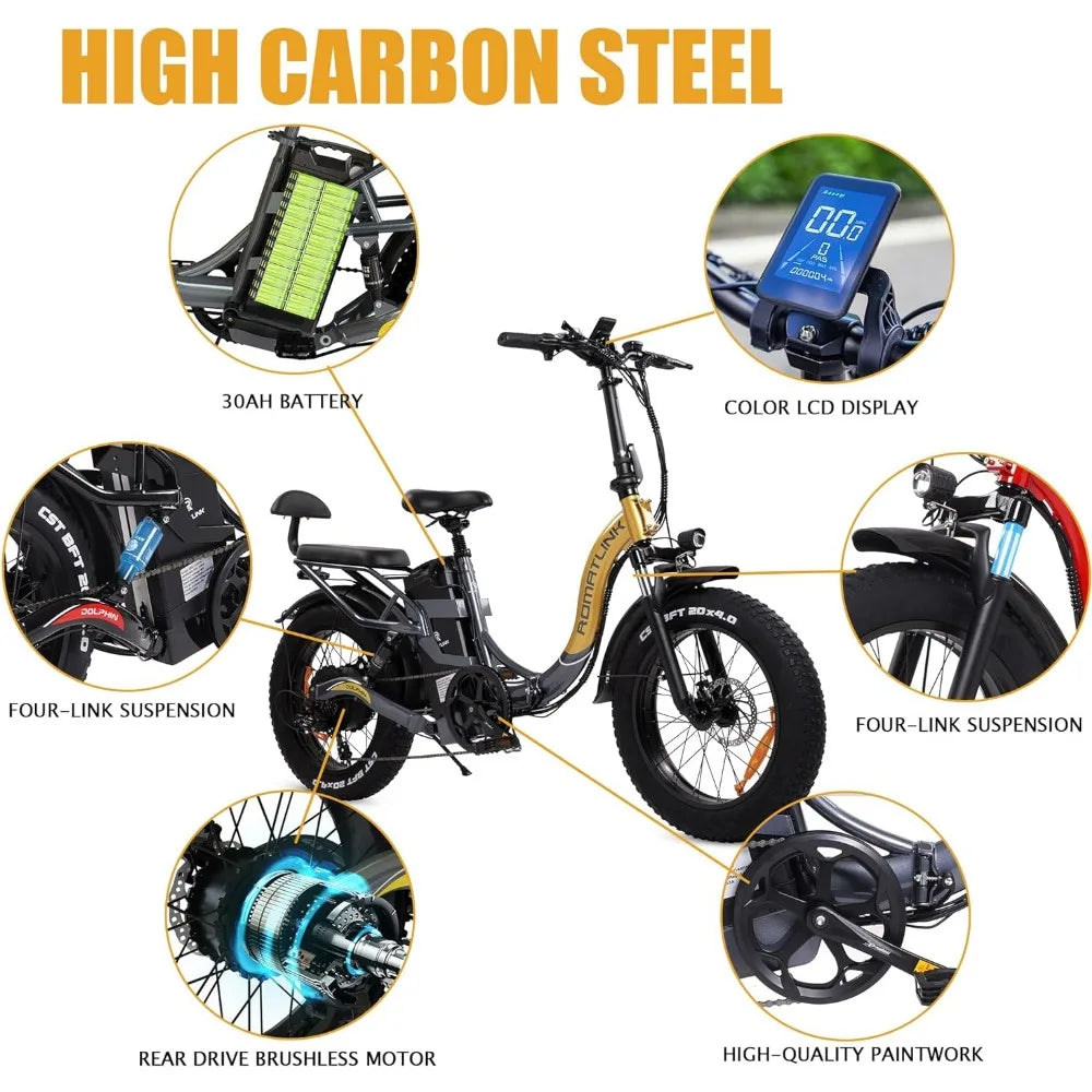 Folding Electric Bike for Adults, 48V 30Ah Ebike Battery with Range of 100 Miles, 20" Ebikes Wheel,Not-Slip Dirt Bike (Dolphin)