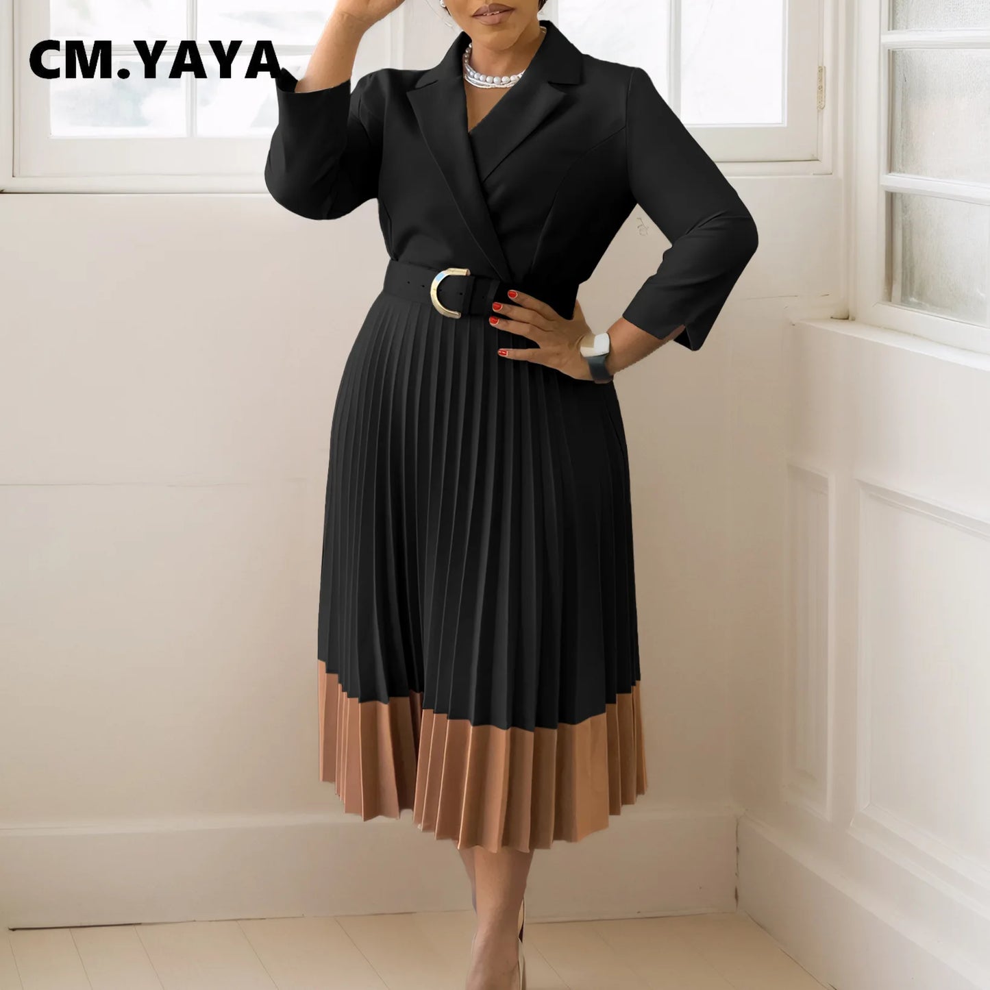 CM.YAYA Fashion Full Sleeve Notched Neck Solid High Waist Belt Dress Women Autumn Office Lady Pleated Long Africa Midi Dresses