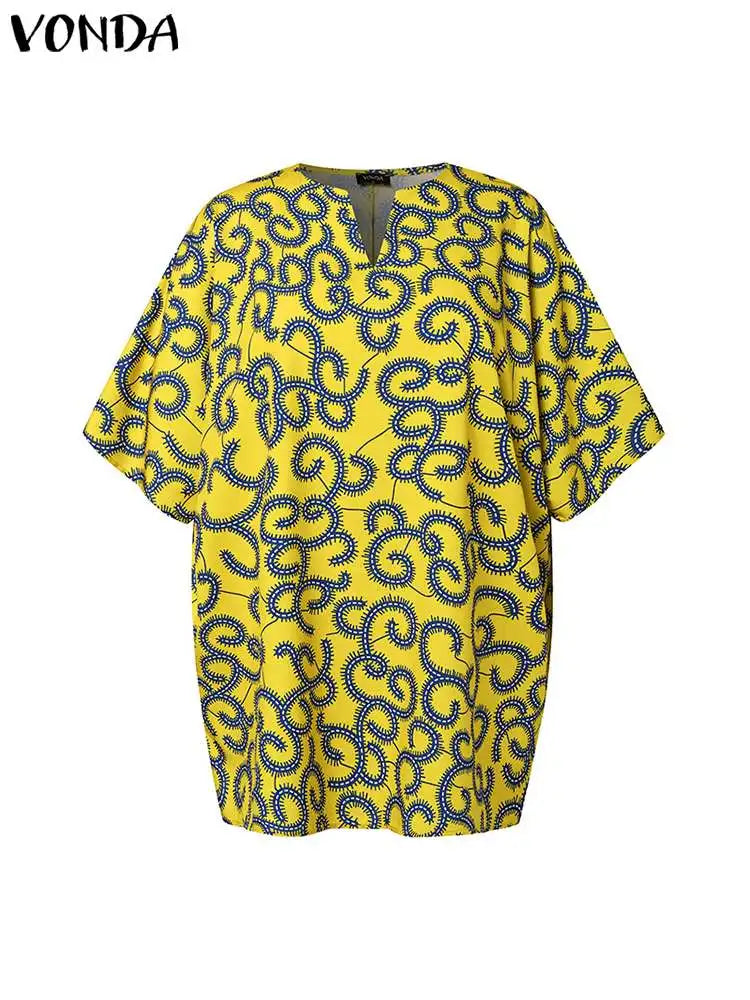 Plus Size VONDA Women Summer Bohemian Elegant Blouses 2024 Printed Shirts Half Sleeve V Neck Casual Tunic Tops Loose Blusas 5XL