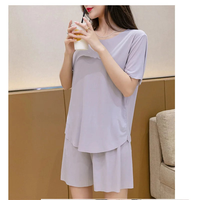 Ice Silk Women's Summer Cool Home Clothes Pajamas Refreshing Breathable Loose Large Size 200 Catties Fat Casual Wear