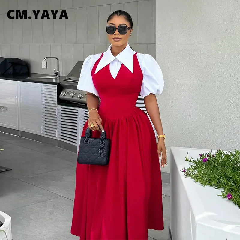 CM.YAYA Short Puff Sleeve Sweet Slim Long Women Shirt Dress High Waist Ruched Pleated Beach Streetwear Maxi Big Swing Dresses