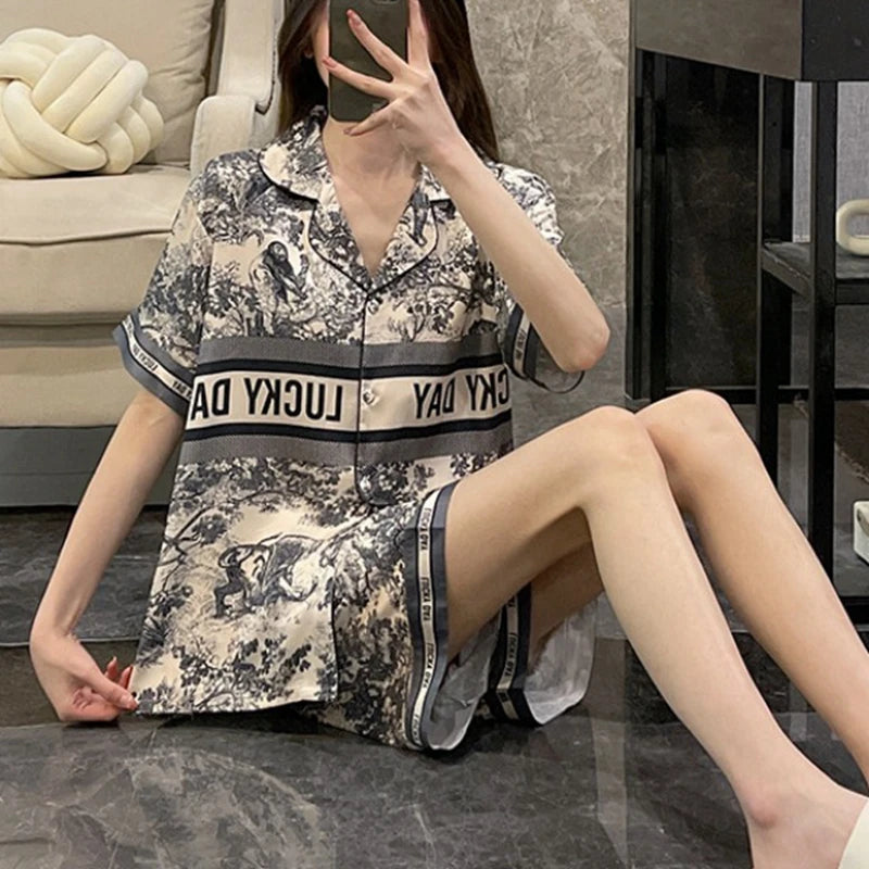 Summer Woman Pajamas Sets Satin Silk Soft Short Sleeves Shorts Pijamas Womens Luxury Homewear Ladies Sleepwear Pajama